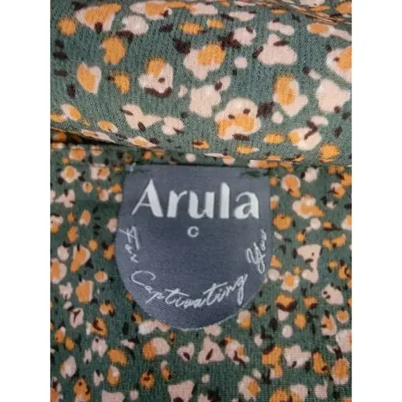 Arula Babydoll Top Sz C 3X Square Neck Green Floral Short Sleeve Ruffle Bohemian - Picture 8 of 10